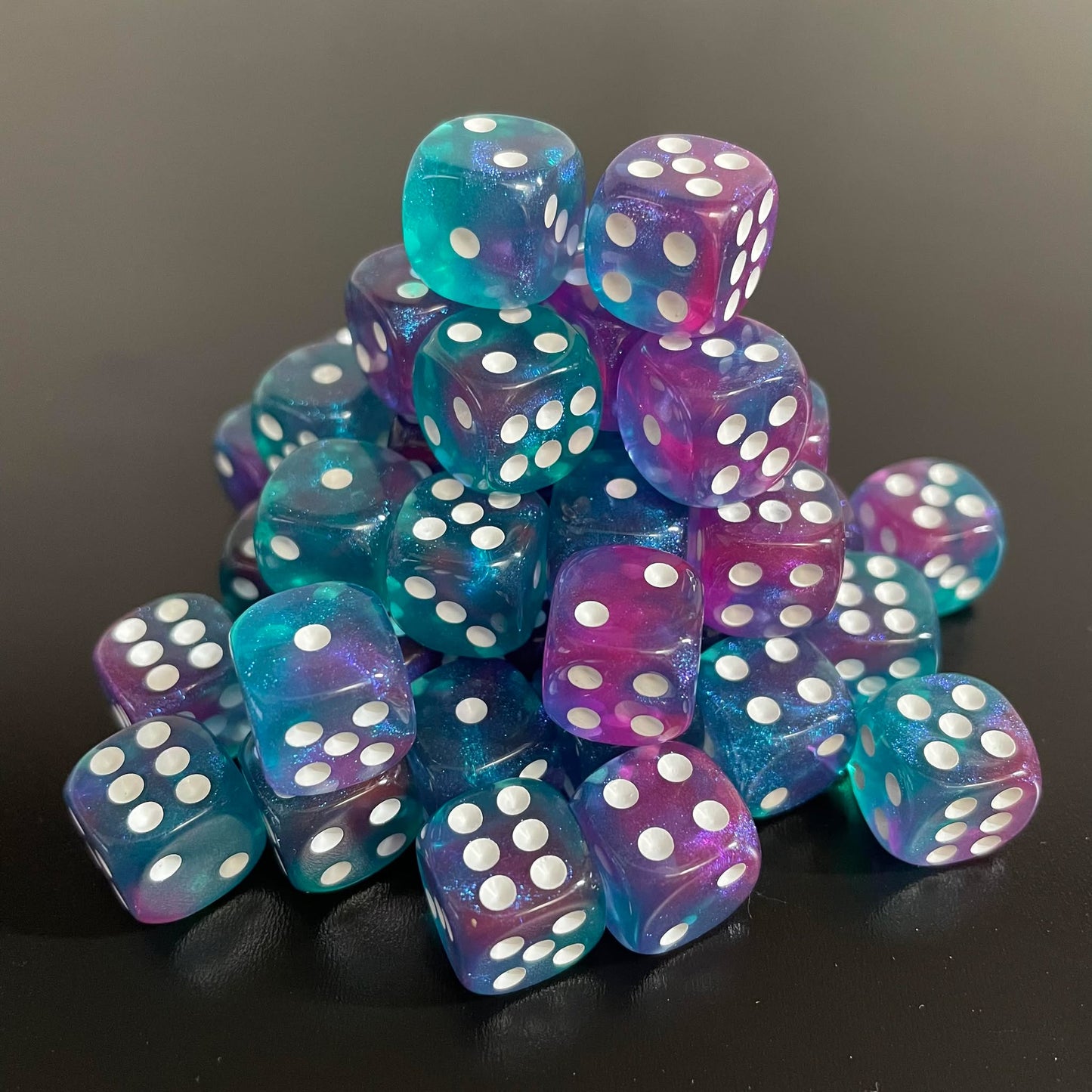 12mm Dice Transparent Blue-Purple Opal (White pips)
