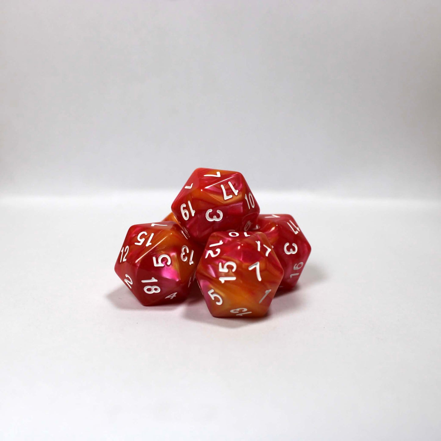 D20s (5) Pearl Pink & Yellow (white) dice