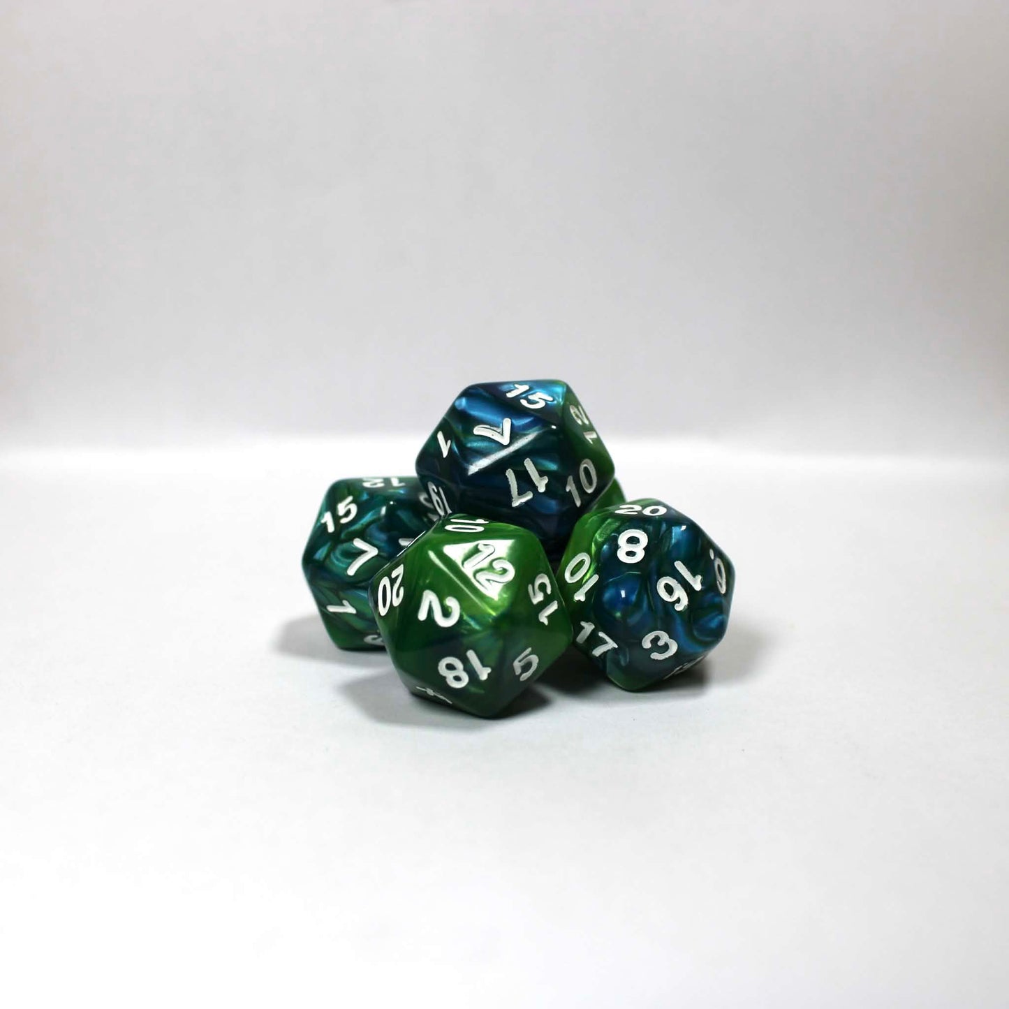 D20s (5) Pearl Green & Blue (white) dice