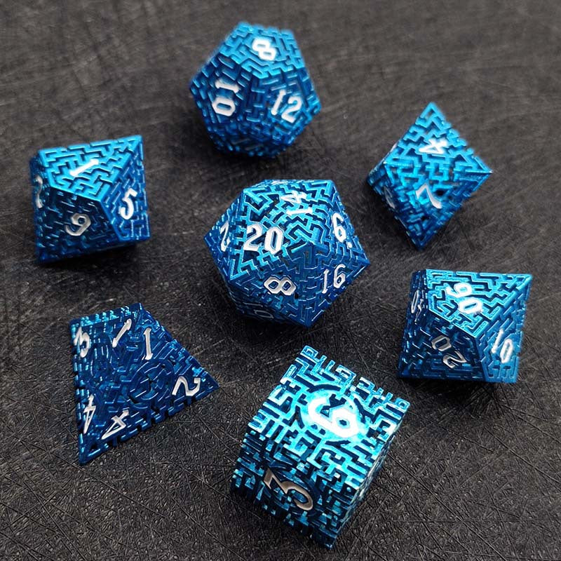 D&D Dice Set Metal Maze - Anodised Blue (White)