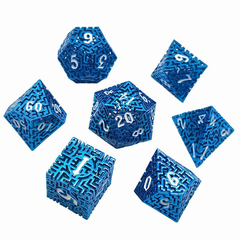 D&D Dice Set Metal Maze - Anodised Blue (White)