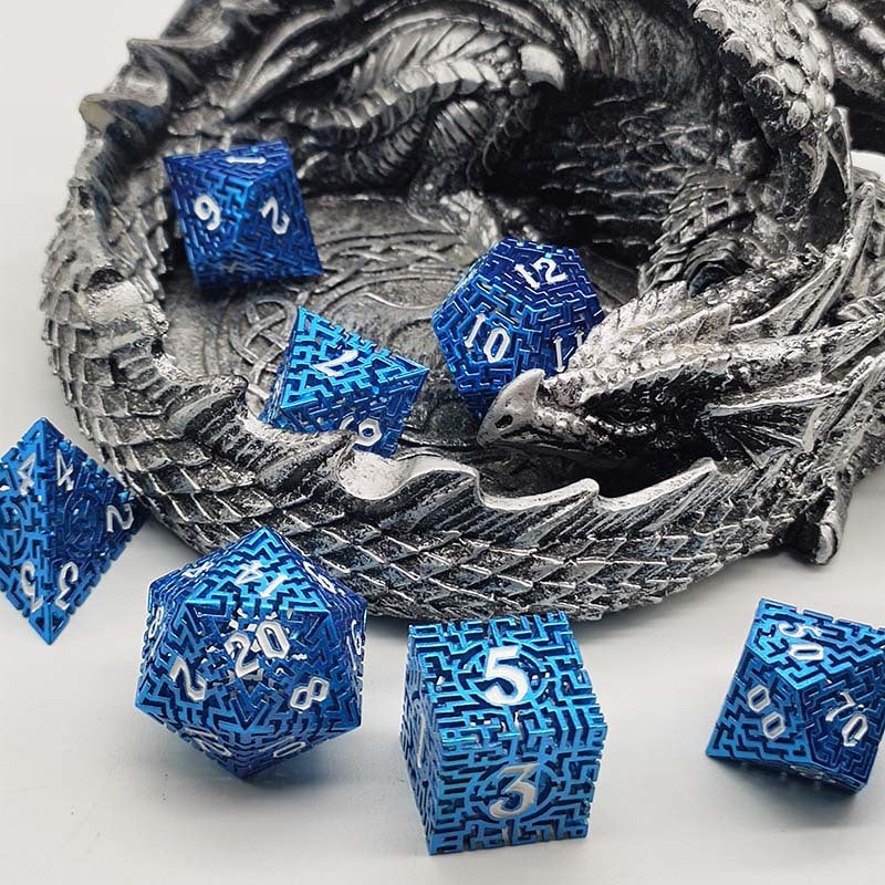 D&D Dice Set Metal Maze - Anodised Blue (White)