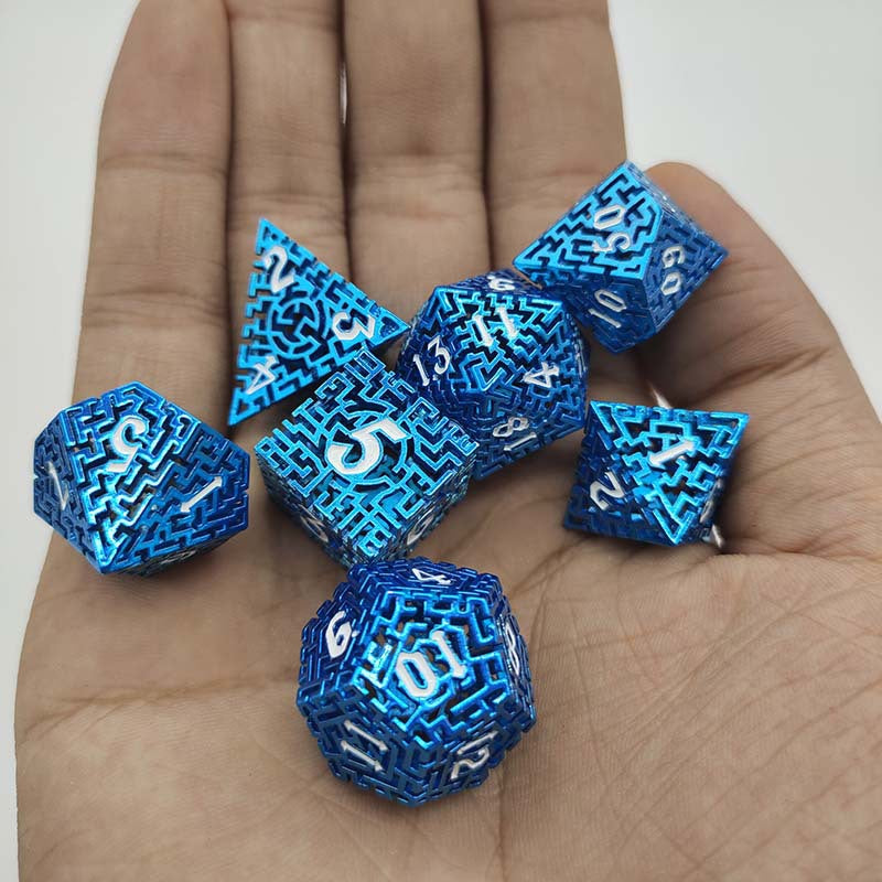 D&D Dice Set Metal Maze - Anodised Blue (White)