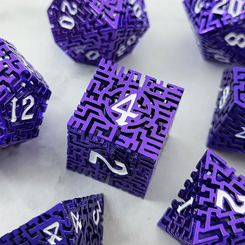 D&D Dice Set Metal Maze - Anodised Purple (White)