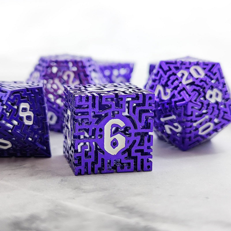 D&D Dice Set Metal Maze - Anodised Purple (White)