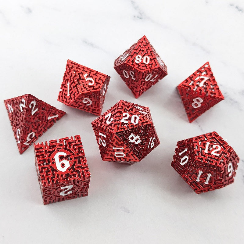 D&D Dice Set Metal Maze - Anodised Red (White)