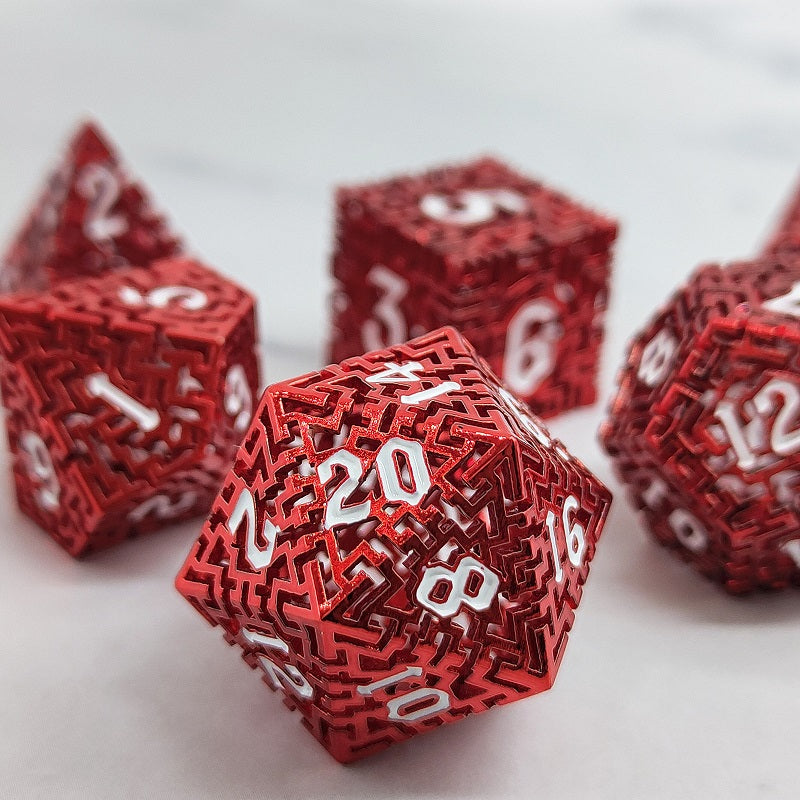 D&D Dice Set Metal Maze - Anodised Red (White)