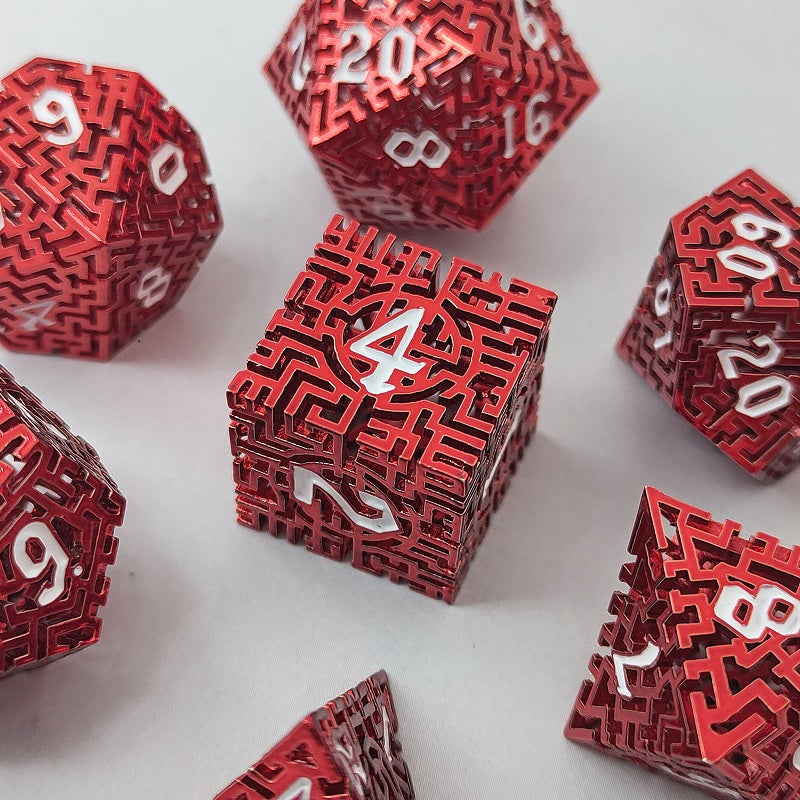 D&D Dice Set Metal Maze - Anodised Red (White)