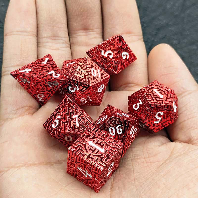 D&D Dice Set Metal Maze - Anodised Red (White)