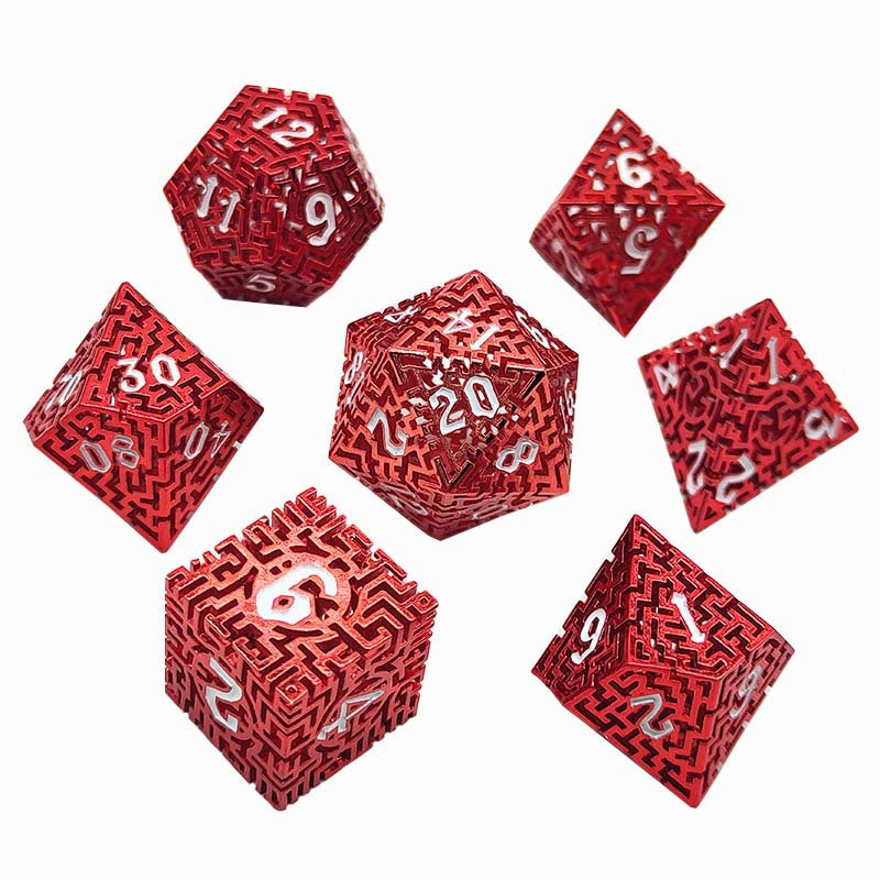 D&D Dice Set Metal Maze - Anodised Red (White)