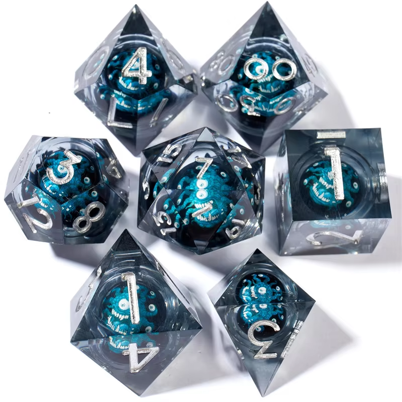 D&D Dice Set Sharp Edge Liquid Core - Smoky Blue Beholder (Silver)
