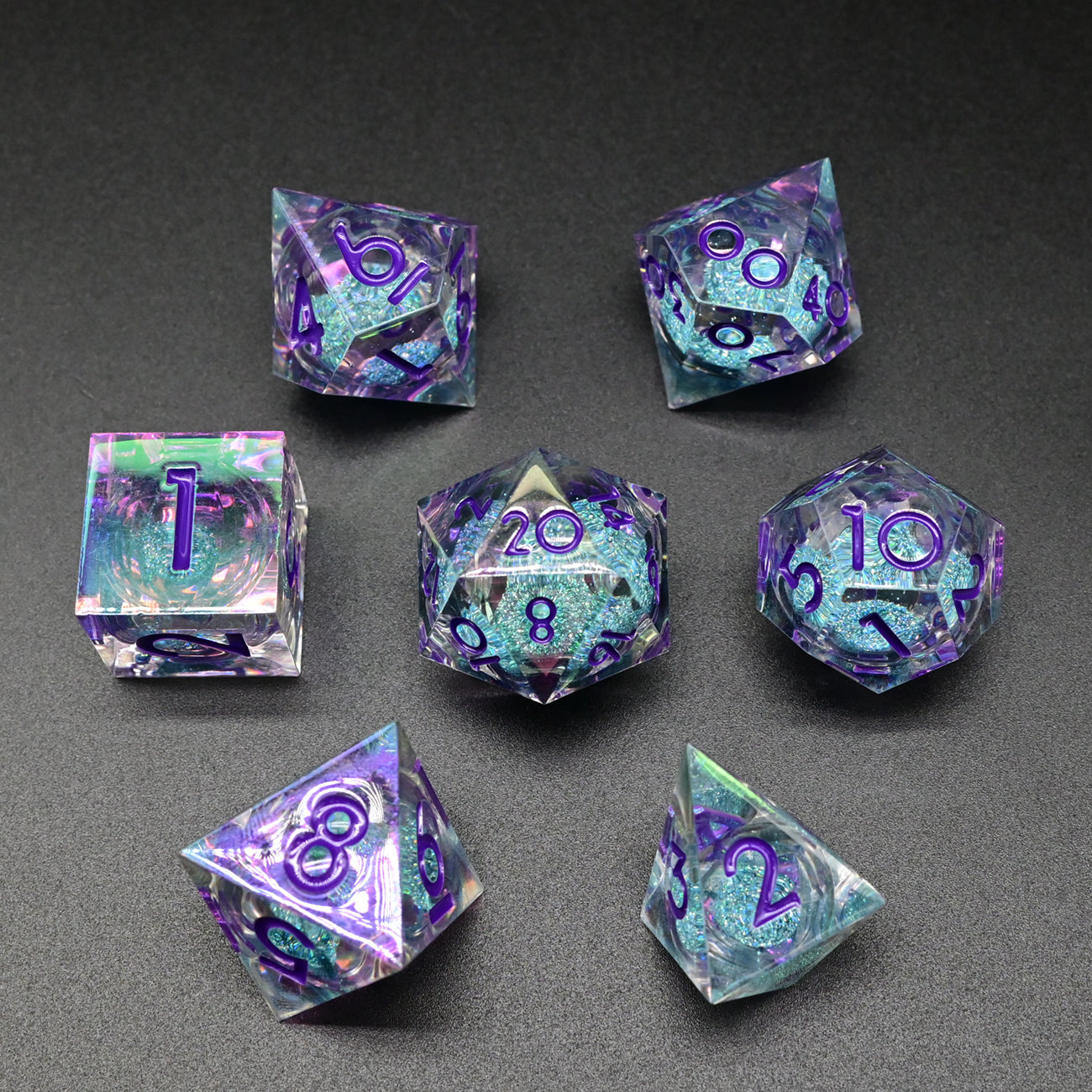 D&D Dice Set Liquid Core - Colour Shift Clear, blue silver liquid (Purple)