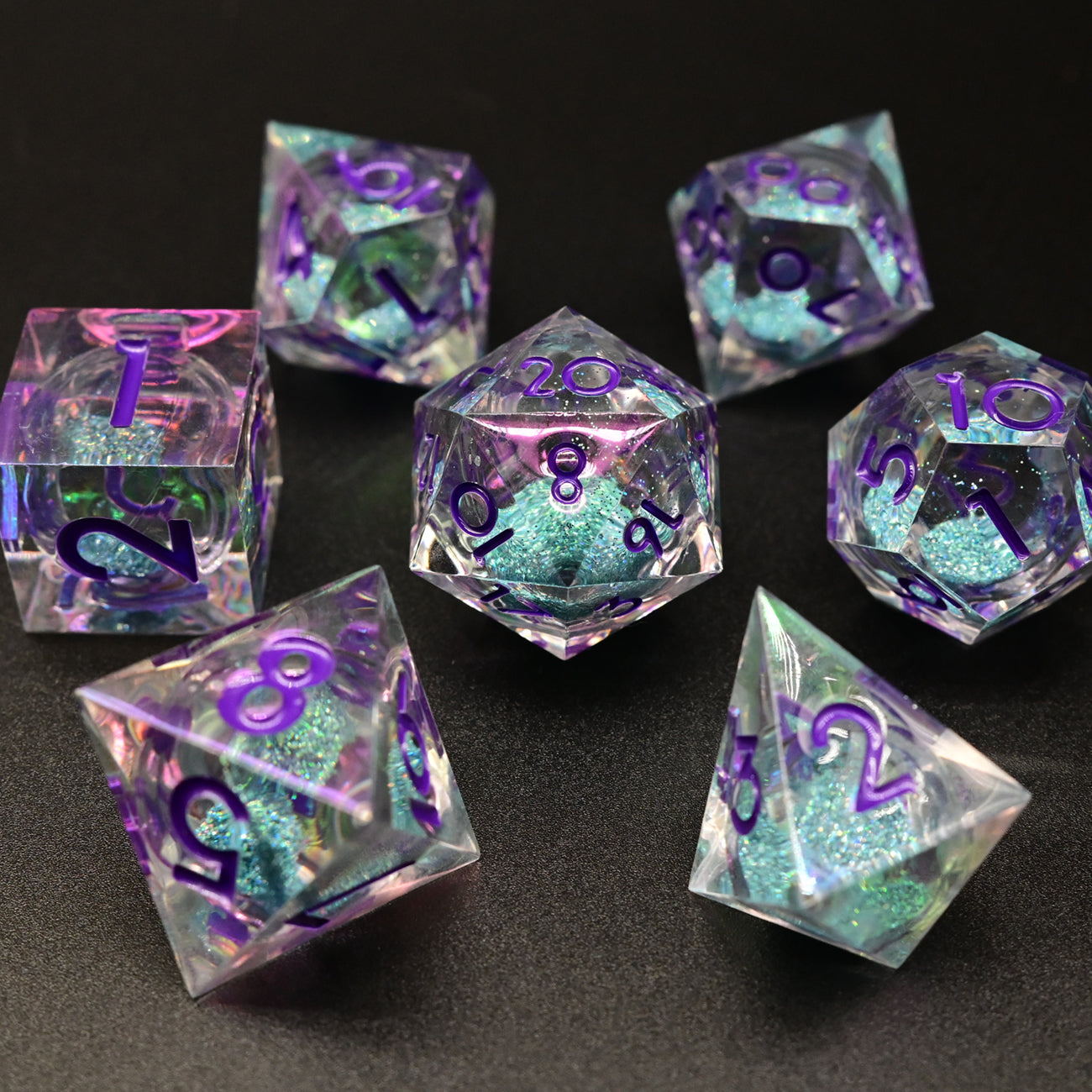 D&D Dice Set Liquid Core - Colour Shift Clear, blue silver liquid (Purple)