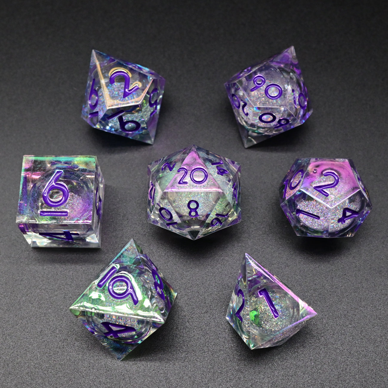 D&D Dice Set Sharp Edge Liquid Core - Colour Shift Clear, silver liquid (Purple)
