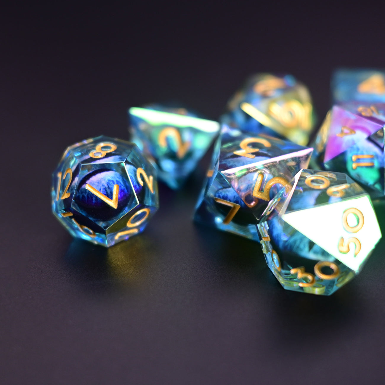 D&D Dice Set Sharp Edge Dragons Eye - Colour Shift Blue (Gold)