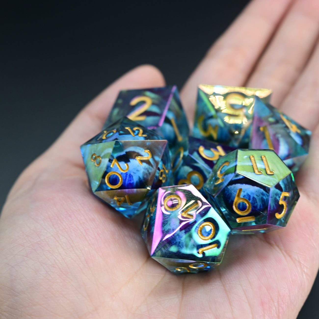 D&D Dice Set Sharp Edge Dragons Eye - Colour Shift Blue (Gold)
