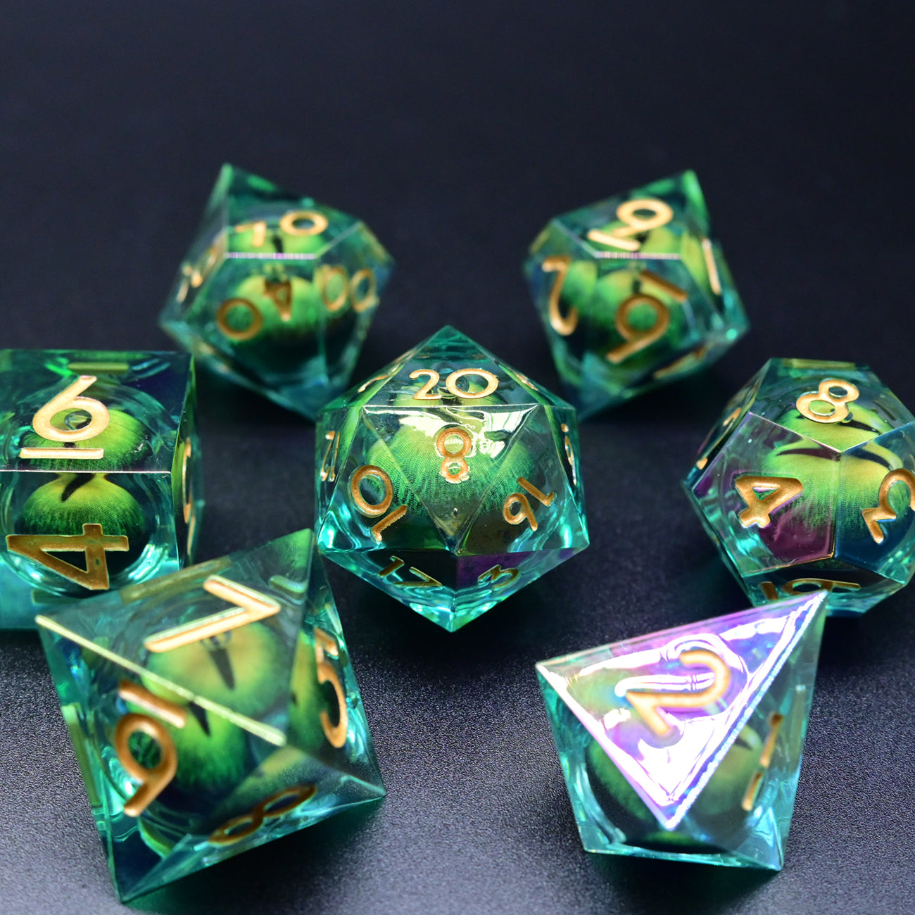 D&D Dice Set Sharp Edge Dragons Eye - Colour Shift Green (Gold)