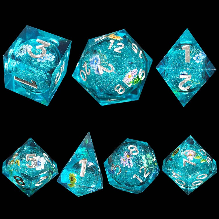 D&D Dice Set Sharp Edge with Flower - Blue (Silver)
