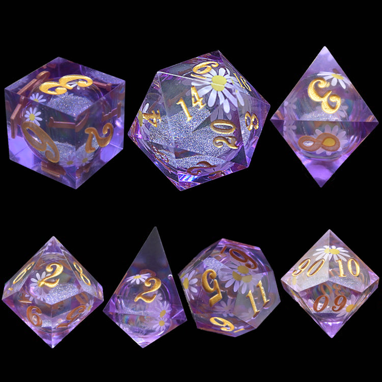 D&D Dice Set Sharp Edge with Flower - Violet (Gold)