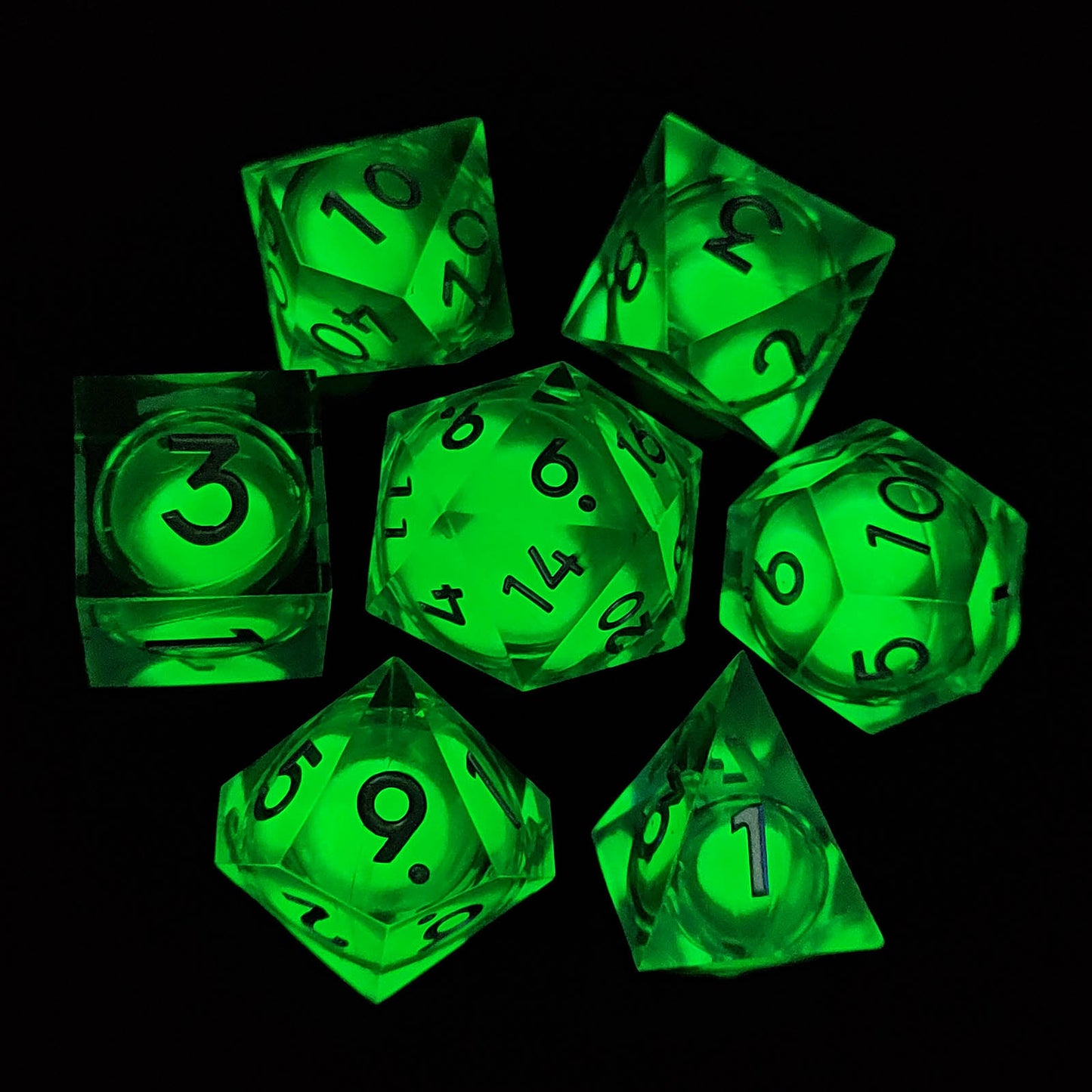 D&D Dice Set Sharp Edge Liquid Core - Glow Green (Silver)