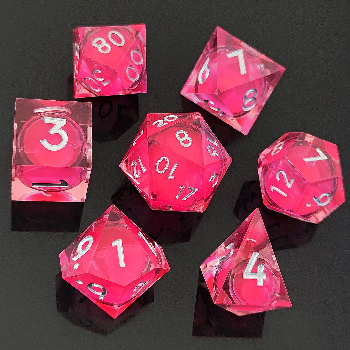 D&D Dice Set Sharp Edge Liquid Core - Glow Pink (Silver)