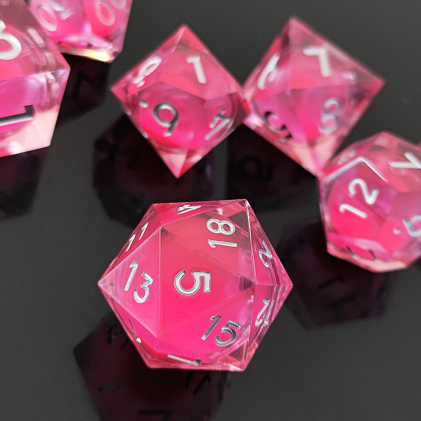 D&D Dice Set Sharp Edge Liquid Core - Glow Pink (Silver)