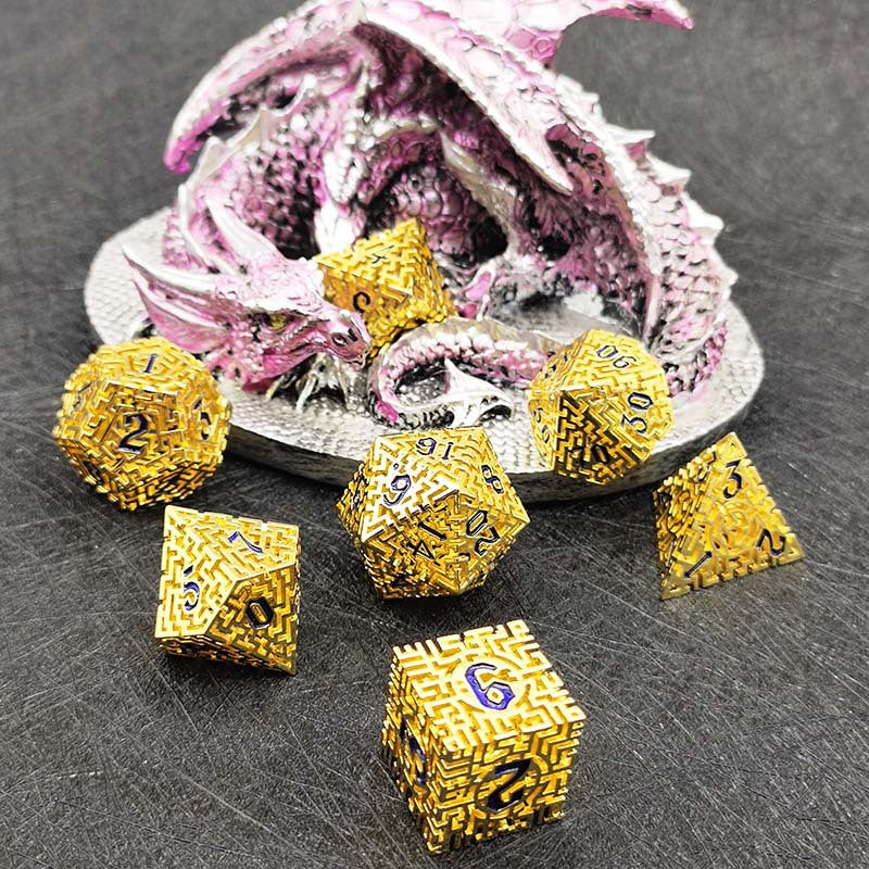 D&D Dice Set Metal Maze - Gold (blue)