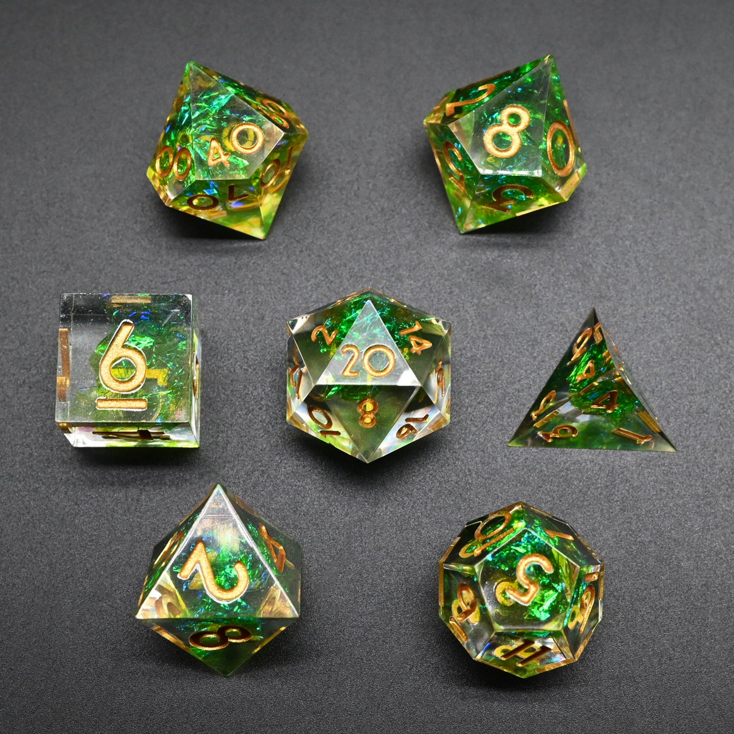 D&D Dice Set Sharp Edge - Green Swirl (Gold)