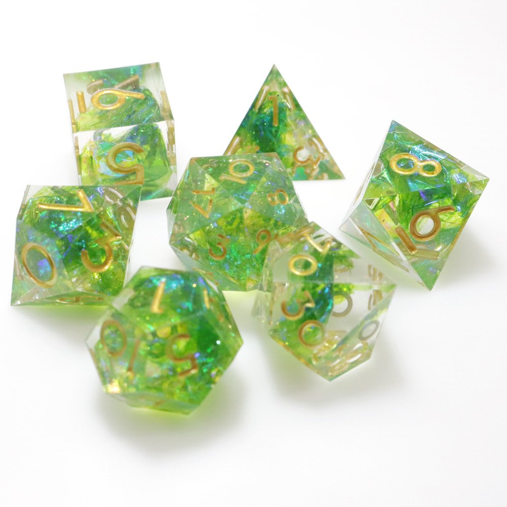 D&D Dice Set Sharp Edge - Green Swirl (Gold)