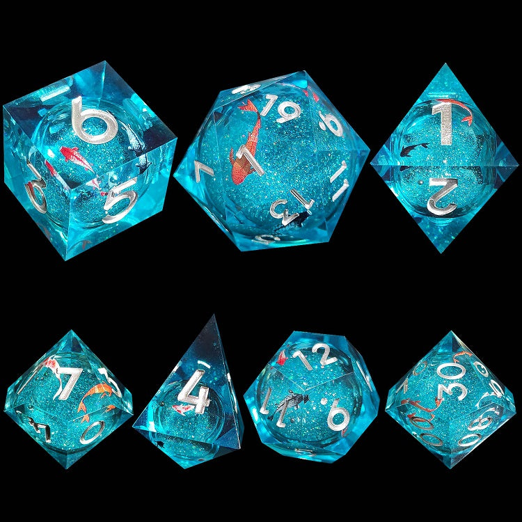 D&D Dice Set Sharp Edge Liquid Core with Koi fish - Blue (Silver)