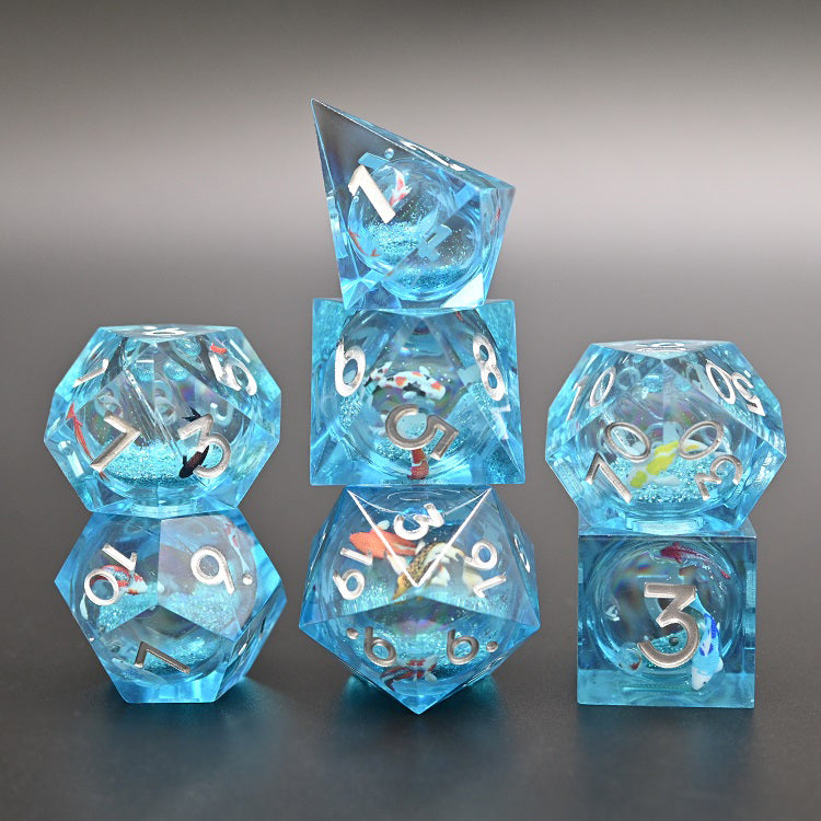 D&D Dice Set Sharp Edge Liquid Core with Koi fish - Blue (Silver)
