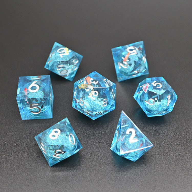 D&D Dice Set Sharp Edge Liquid Core with Koi fish - Blue (Silver)