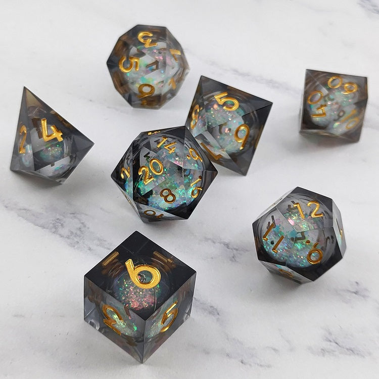 D&D Dice Set Sharp Edge Liquid Core - Galaxy Black (Gold)