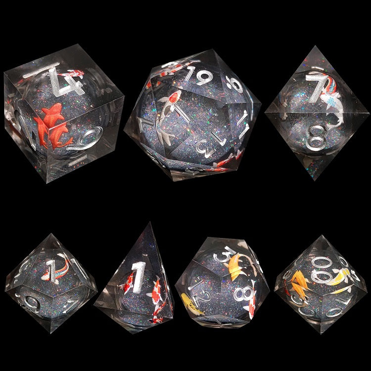 D&D Dice Set Sharp Edge Liquid Core with Koi fish - Black (Silver)