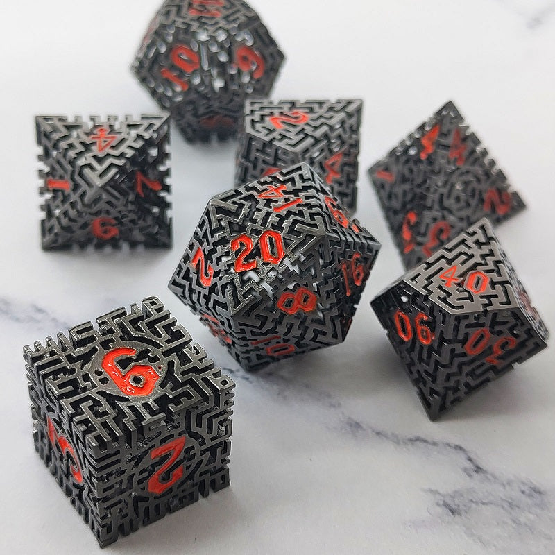 D&D Dice Set Metal Maze - Nickel (Orange)
