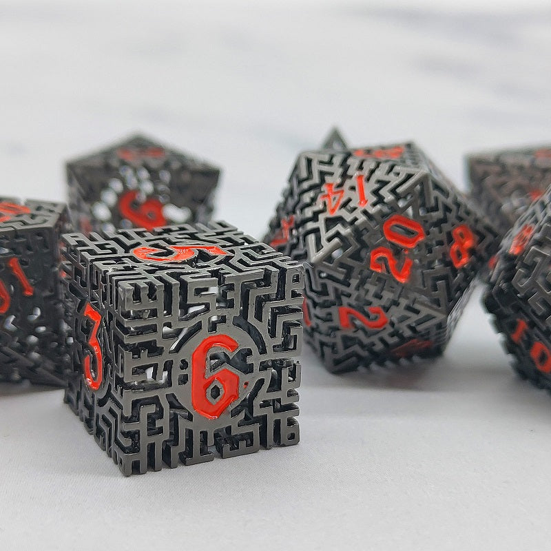 D&D Dice Set Metal Maze - Nickel (Orange)