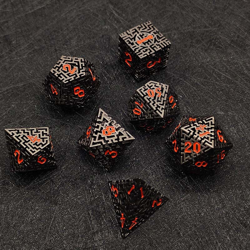 D&D Dice Set Metal Maze - Nickel (Orange)