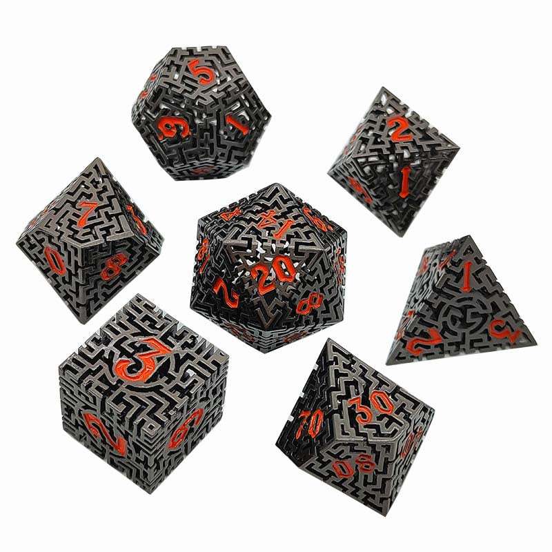 D&D Dice Set Metal Maze - Nickel (Orange)