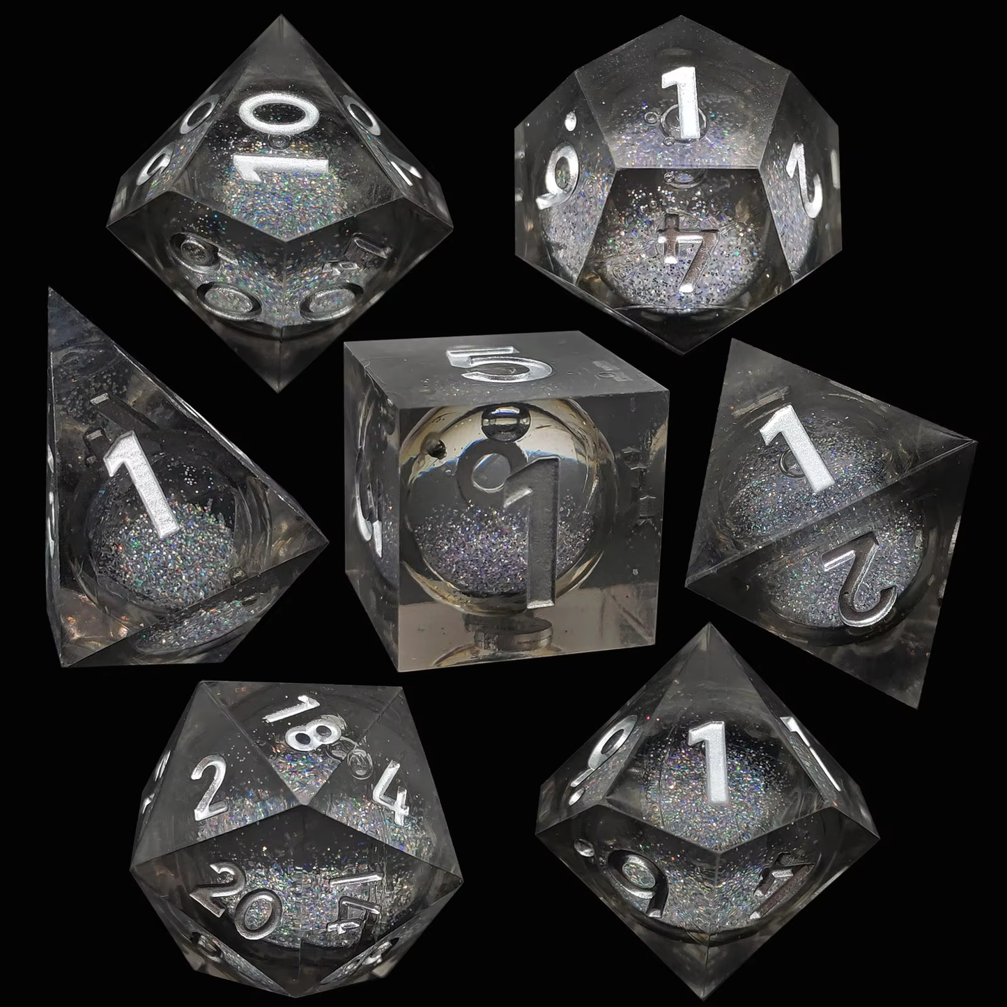 D&D Dice Set Sharp Edge Liquid Core - Noir (Silver)
