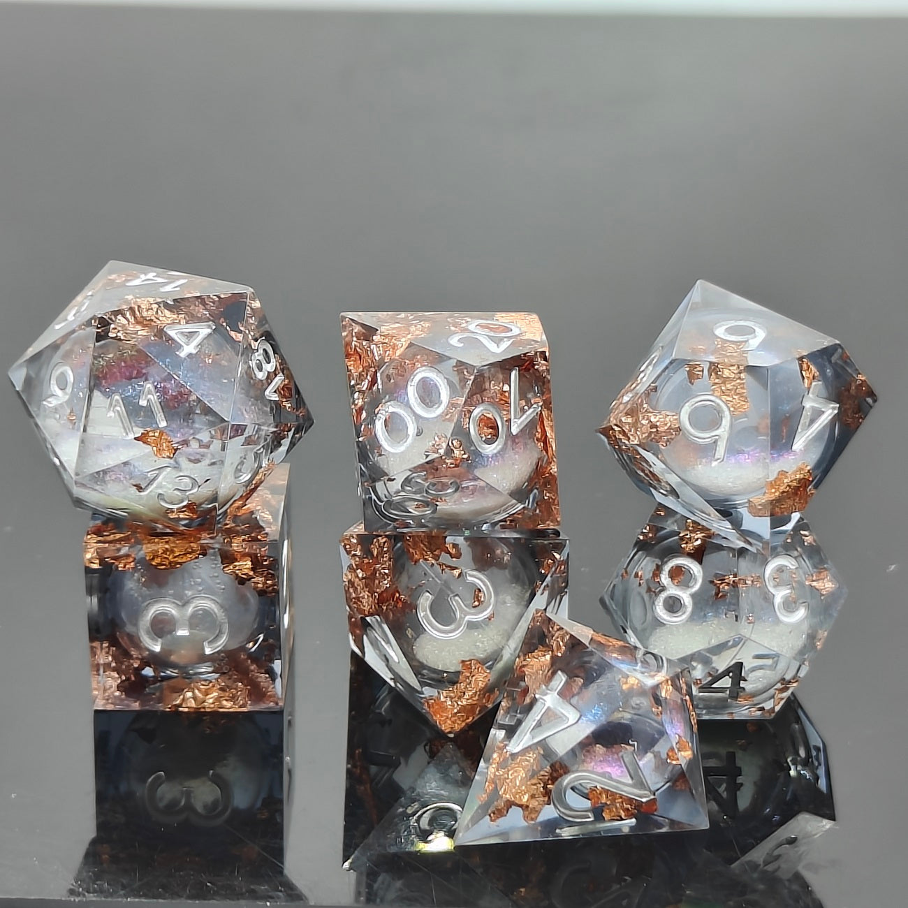 D&D Dice Set Sharp Edge Liquid Core - Overcast Sky Gold Fleck (Silver)