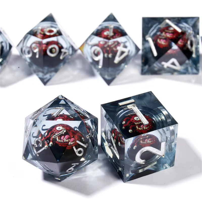 D&D Dice Set Sharp Edge Liquid Core - Smoky Red Beholder (Silver)