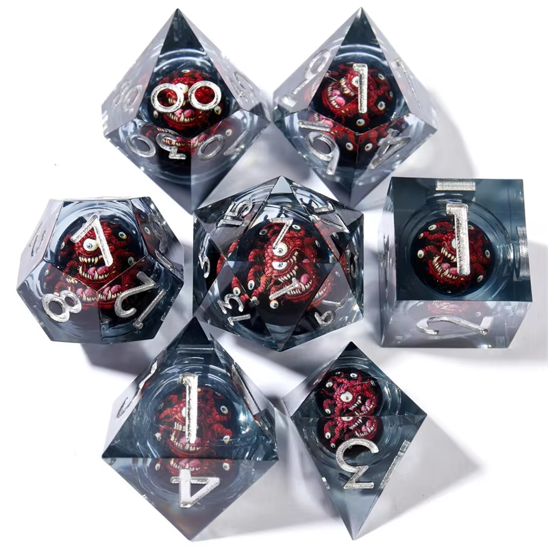 D&D Dice Set Sharp Edge Liquid Core - Smoky Red Beholder (Silver)
