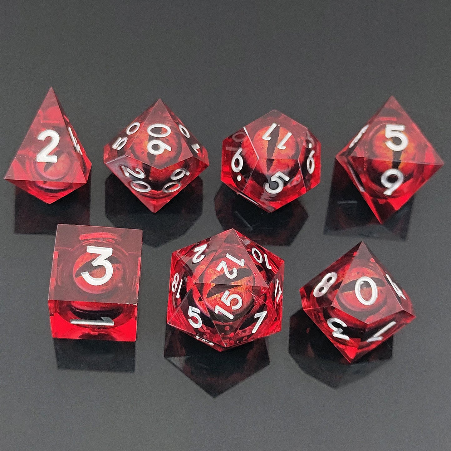 D&D Dice Set Sharp Edge Dragons Eye - Red Dragon (Silver)