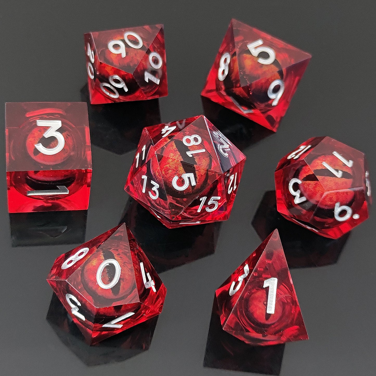 D&D Dice Set Sharp Edge Dragons Eye - Red Dragon (Silver)