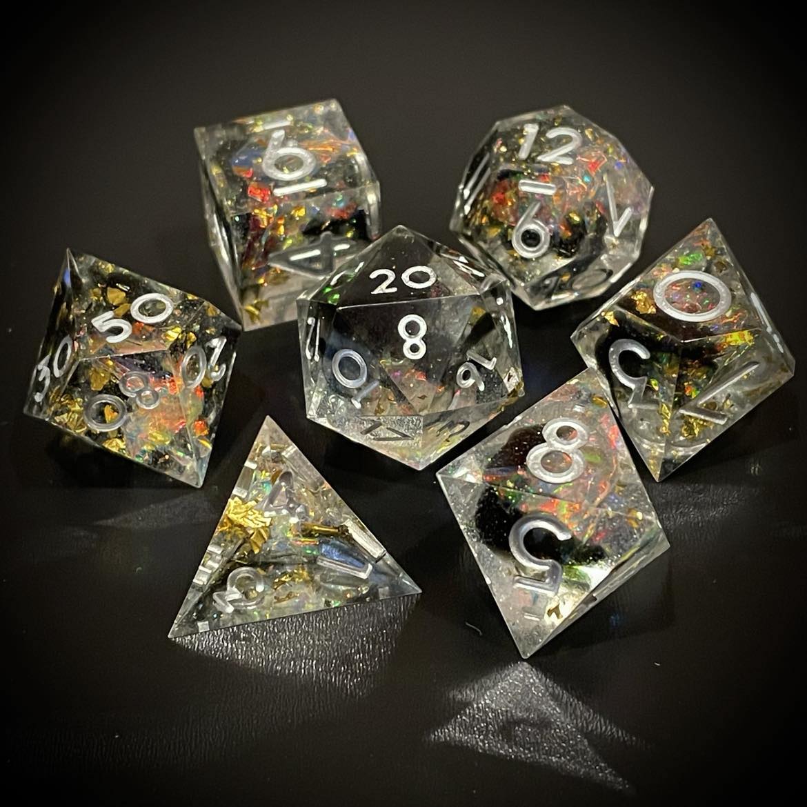 D&D Dice Set Sharp Edge - Black Opal (Silver)
