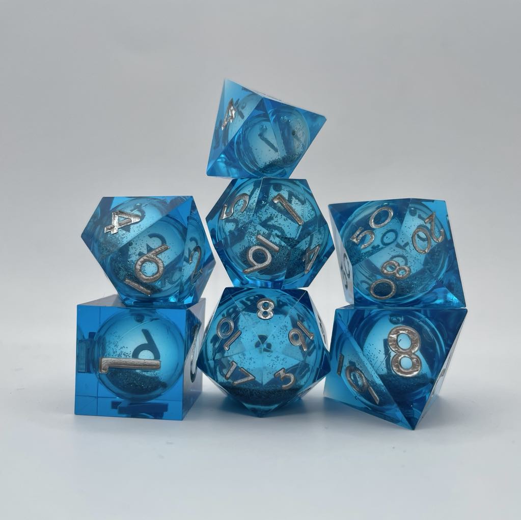 D&D Dice Set Sharp Edge Liquid Core - Sea Blue (Silver)