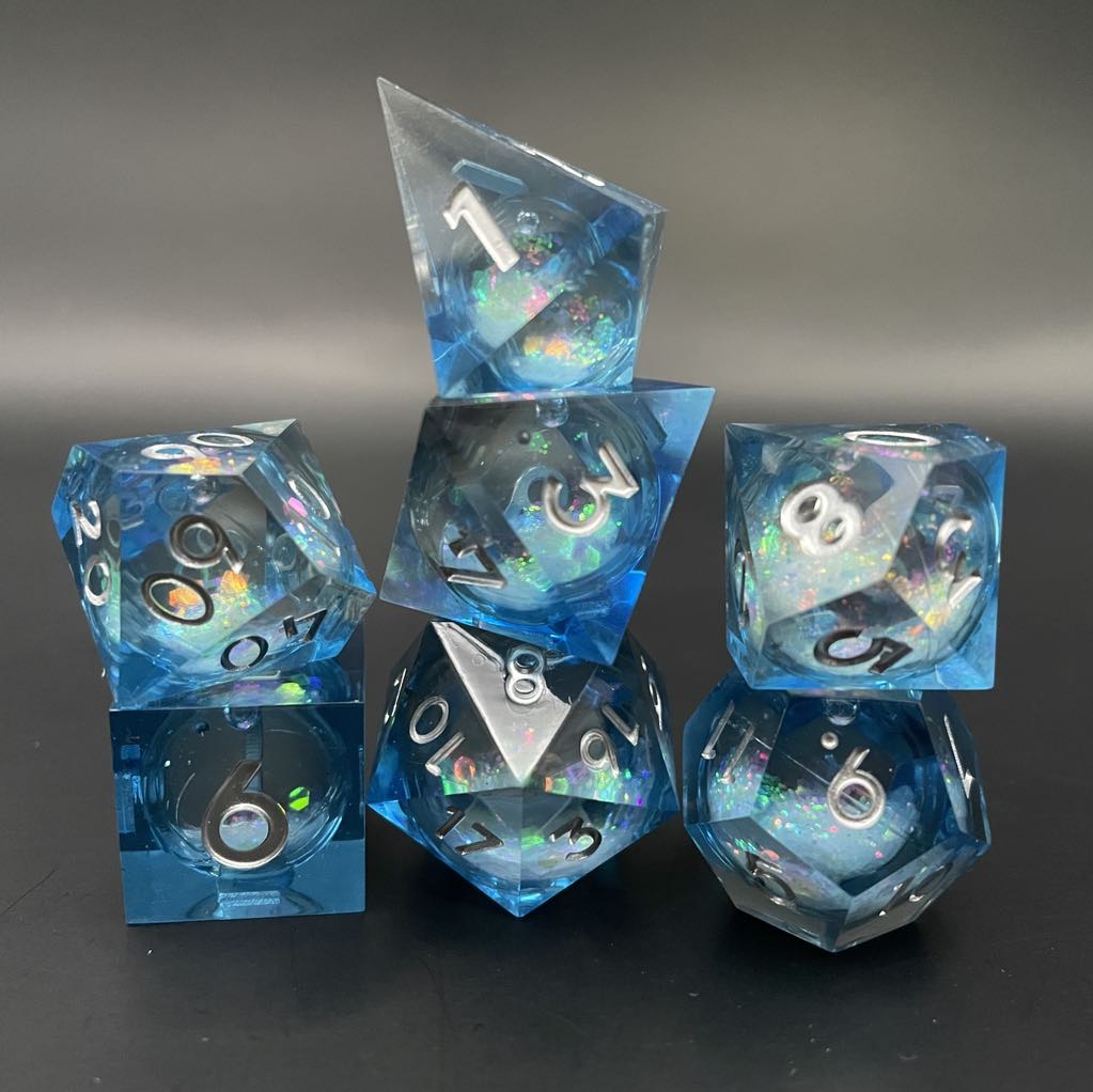 D&D Dice Set Sharp Edge Liquid Core - Ocean Depths (Silver)