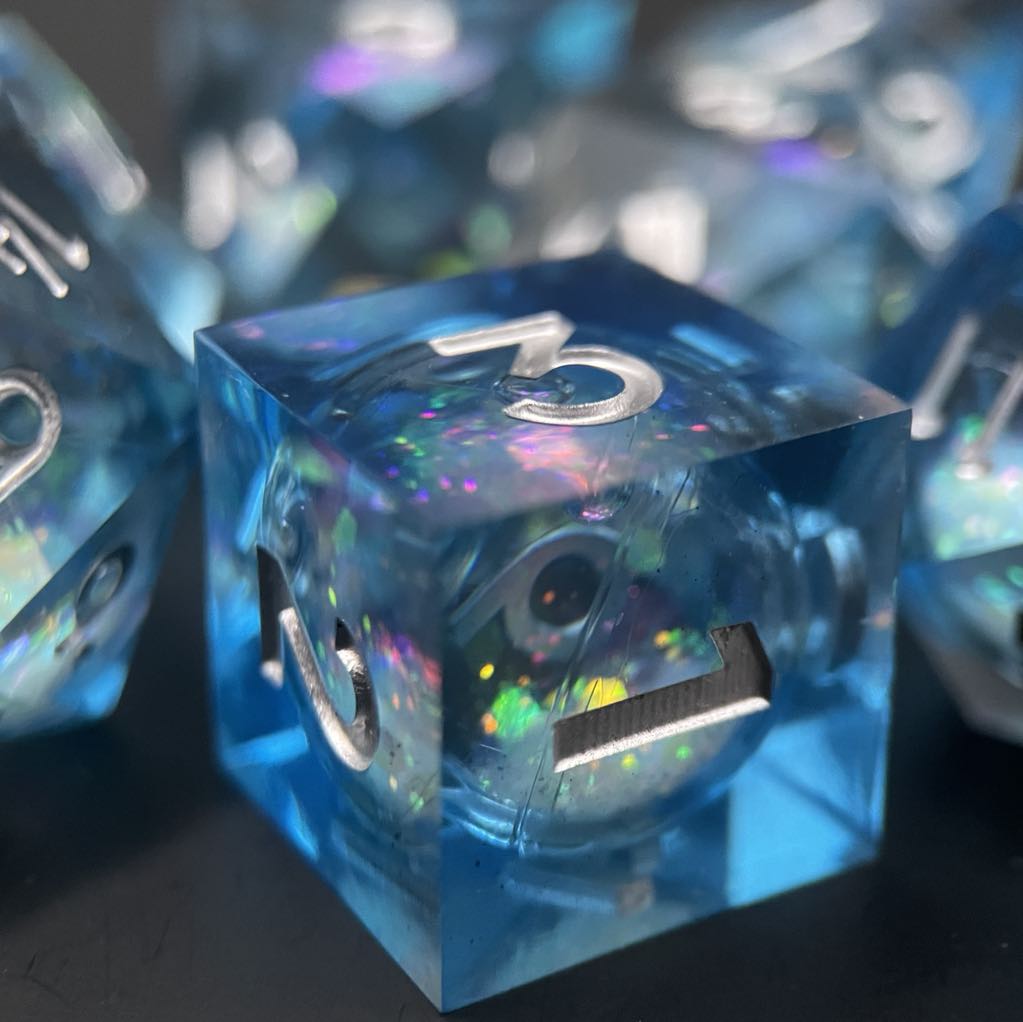 D&D Dice Set Sharp Edge Liquid Core - Ocean Depths (Silver)