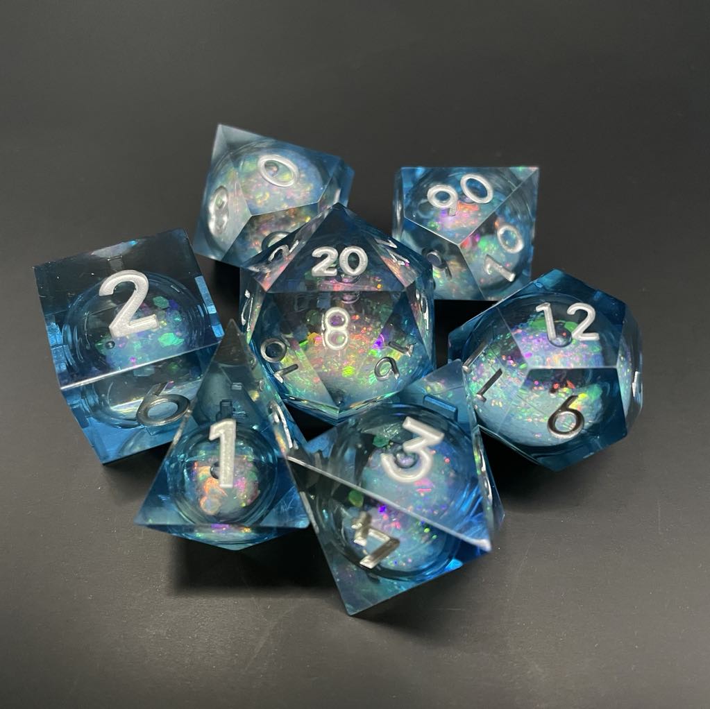 D&D Dice Set Sharp Edge Liquid Core - Ocean Depths (Silver)