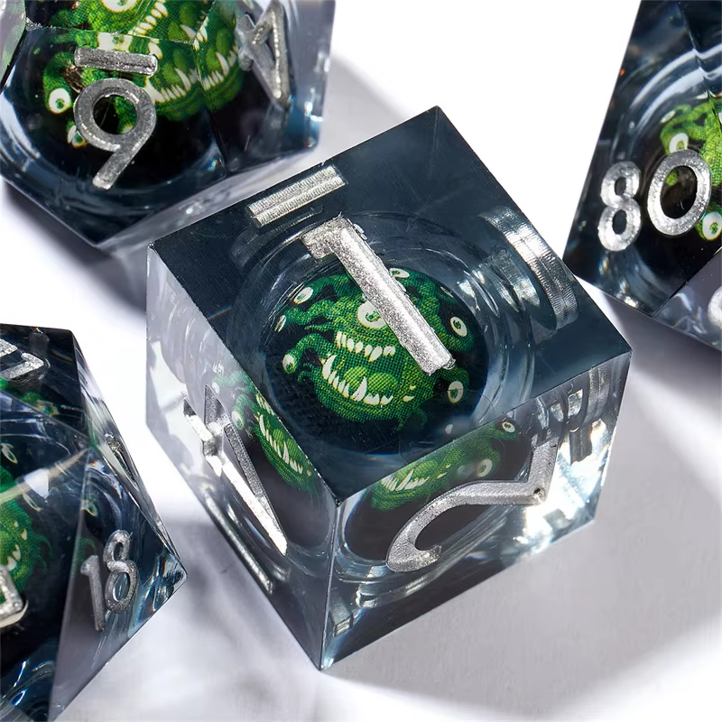 D&D Dice Set Sharp Edge Liquid Core - Smoky Green Beholder (Silver)